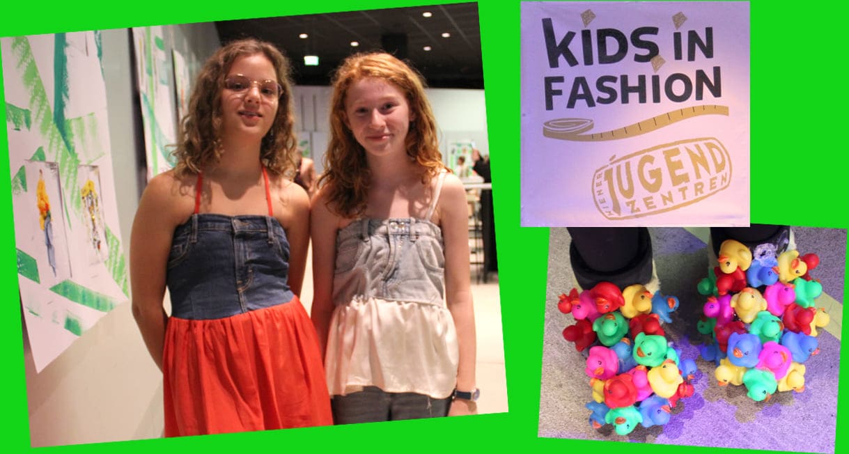 Bild-Montage aus einem Foto einer Jungdesignerin, die für sich und ihre Freundin extra für den Show-Abend outfits genäht hat, Schuhen, die eine Jung-Designerin mit kleinen, bunten Gummi-Enten beklebt hat und dem Logo von Kids in Fashion