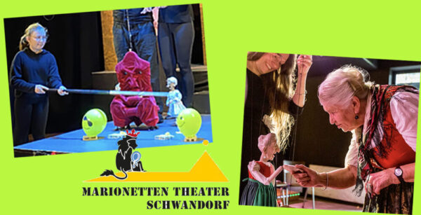 Montage aus zwei Fotos - Lilli Böckl (11) führt Objekte im "tapferen Schneiderlein" und ERika Eichenseer (89) begegnet ihrem Puppen-Ebenbild - und Logo vom Marionetten Theater Schwandorf