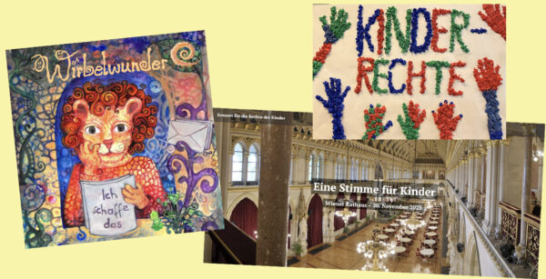 Bildmontage aus der Grafik zum Song "ich schaffe das!", einem Screenshot der Homepage zur Ankündigung des Kinderrechte-Benefizkonzerts 2025 sowie einer kreativ gestalteten Tafel zu Kinderrechten