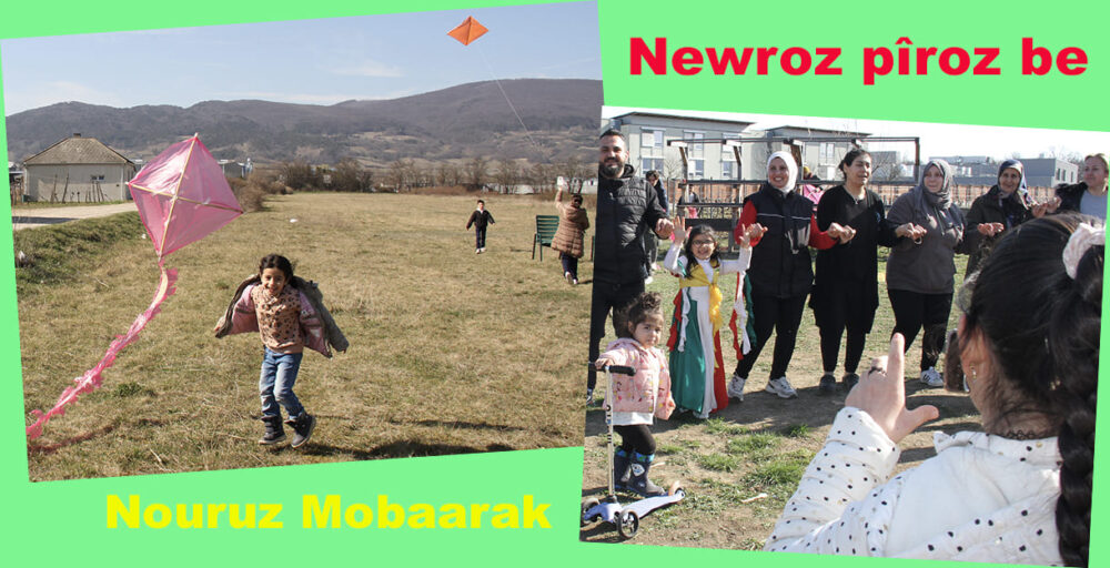 Bildmontage aus zwei Fotos: Vom Drachensteigen und einem der Newroz-Tänze im Garten der Begegnung in Traiskirchen nahe dem Erstaufnahmezentrum vulgo Flüchtlingslager