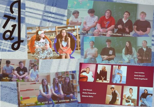 Bildmontage aus Fotos aus den Videos mit Schüler:innen über die Texte und Stücke sowie einem der sechs Schausspiel-Ensemble-Mitglieder und dem neuen Theater der Jugend Logo