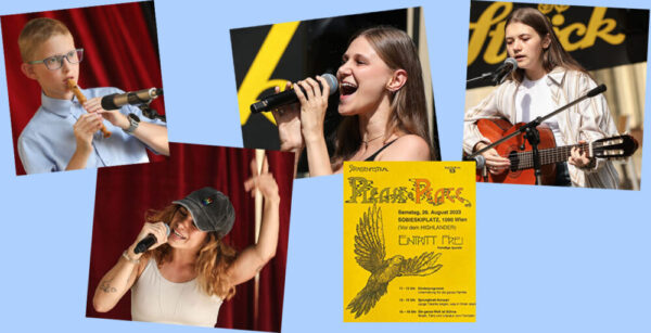 Bildmontage aus Fotos von den Auftritten von Alexander Umundum, Amelie Polak, Xenia Muzyka undLura Prasch sowie Ausschnitt aus dem Plakat für das Straßen-Kunstfestival "Please Peace"