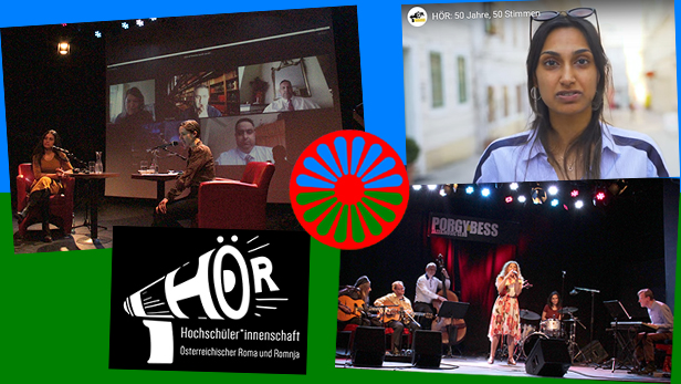 Bildmontage aus Fotos von der Diskussion, vom Konzert und aus einem Video zur Gründung der HÖR, deren Logo und der Roma-Fahne
