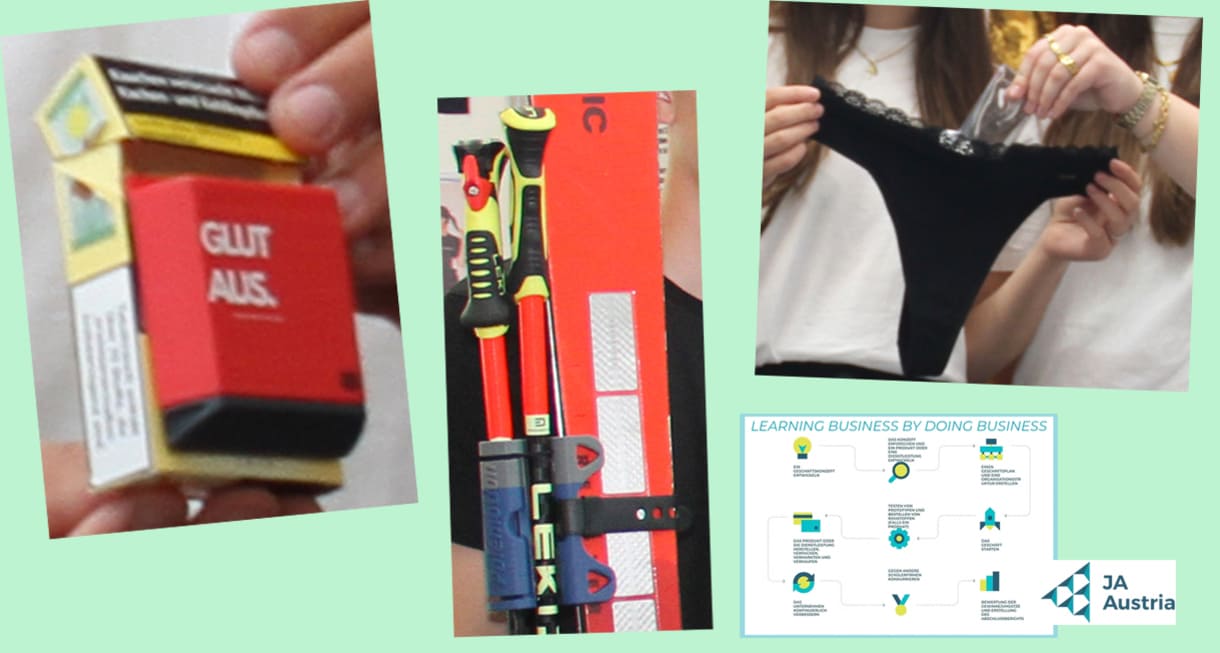 Bild-Montage aus Fotos der produkte der Top-3-Junior-Firmen 2025 / 26: An Zigarettenpackung anklippbarer Aschenbecher, Skistock-Halterung und knickbare Wärmepads für stylische Slips sowie Logoi von JA Austria und grafische Darstellung des Ablaufs einer Juniorfirma