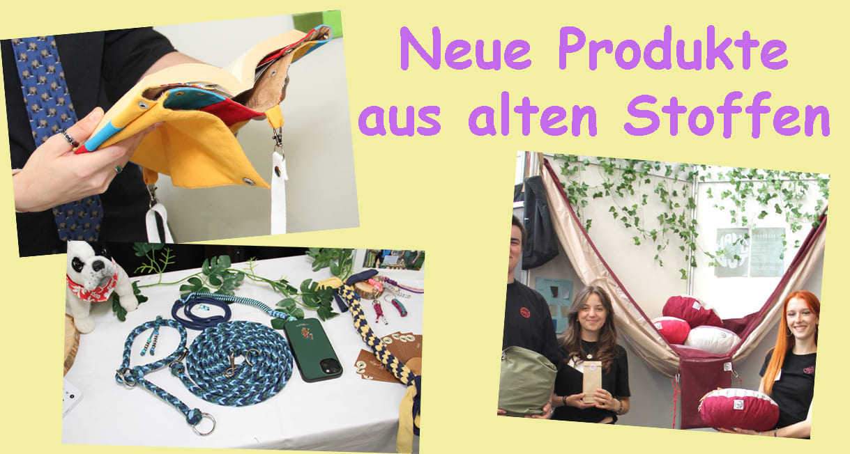 Bilmontage aus drei Fotos mti Details aus Stoff-Recycling-Produkten: Buch-Einband-Taschen, Hund- und Handy-Leinen sowie Hängematten, Taschen, Pölster usw.