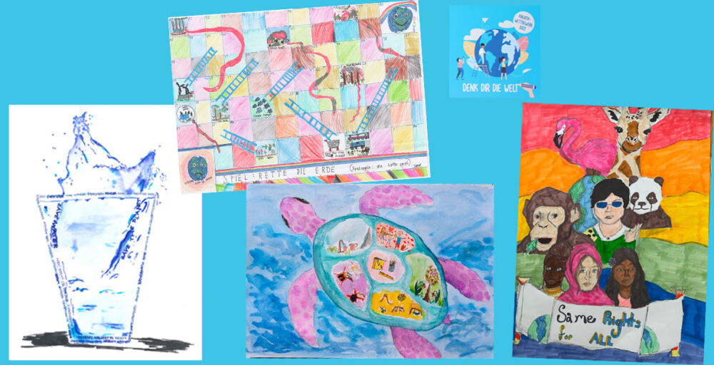 Collage aus den Zeichnungen der Sieger:innen aller vier Altersgruppen beim Unicef-Ideenbewerb "Denk dir die Welt"
