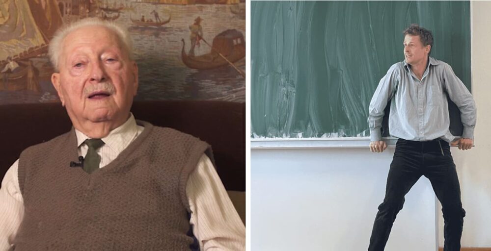 Zeitzeuge Erich Finsches und Schauspieler Andrzej Jaslikowski, der Stationen des wirklichen Lebens des Zeitzeugen in Klassenzimmern spielt