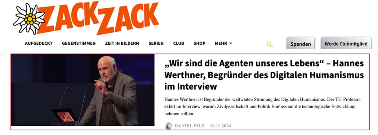 Screenshot der Webiste zackzack.at mit dem Teaser zu dem Interview mit Hannes Werthner zu 