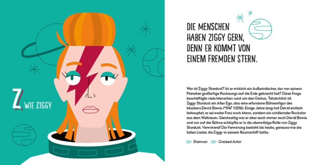 Doppelseite aus dem bunt illustrierten Popmusiker:innen-Alphabet; über DAvid Bowies 