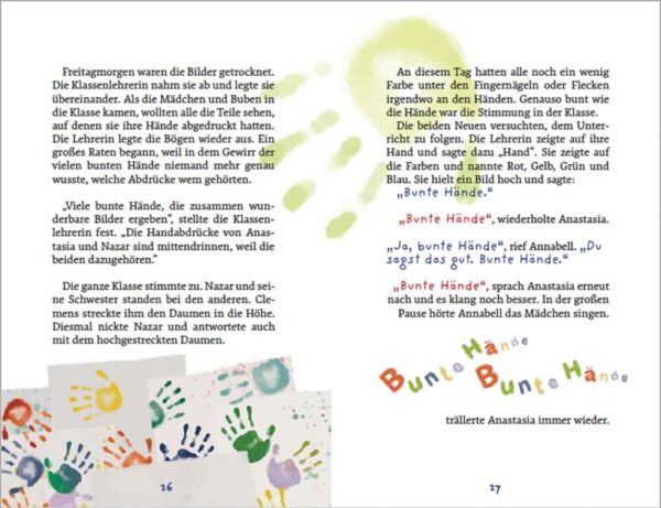 Doppelseite aus dem bibilderten Buch "Bunte Hände - Geschichten über das Zusammenfinden"