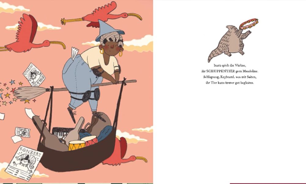 Doppelseite aus dem Bilderbuch "Hippe Hexen und ihre zauberhaften Tiere"