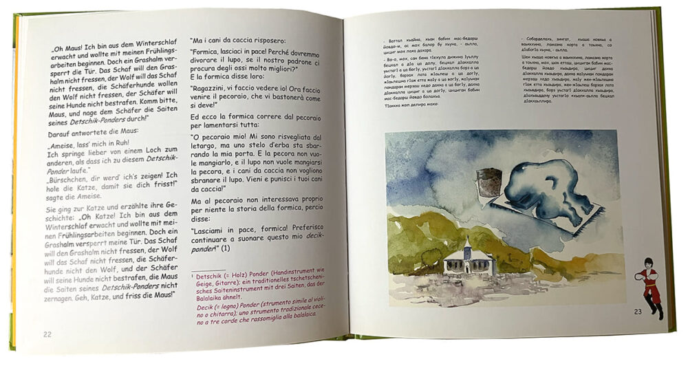 Doppelseiten aus dem dreisprachigen Buch mit tschtschenischen Märchen