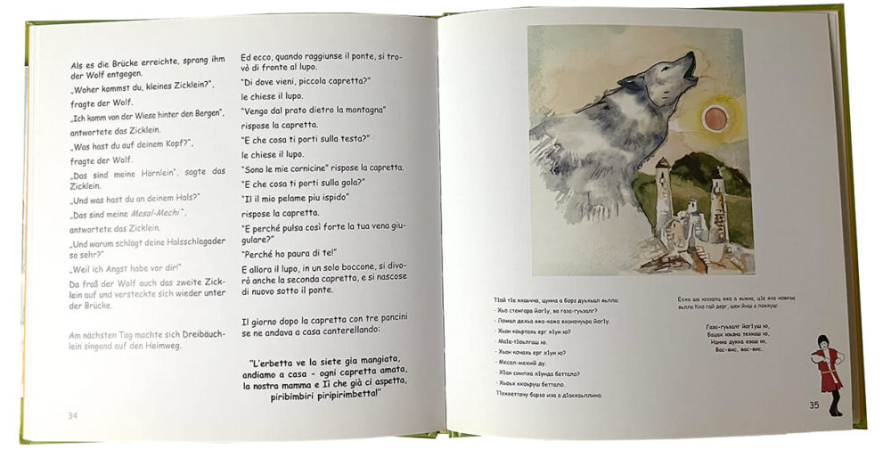 Doppelseiten aus dem dreisprachigen Buch mit tschtschenischen Märchen