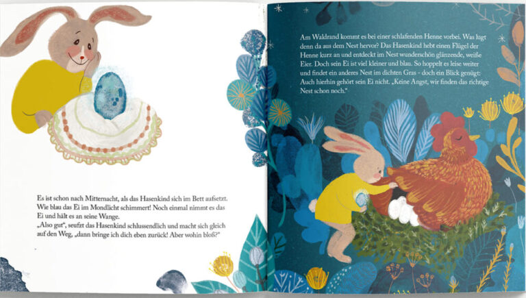 Doppelseite aus dem Bilderbuch "Das blaue Ei"