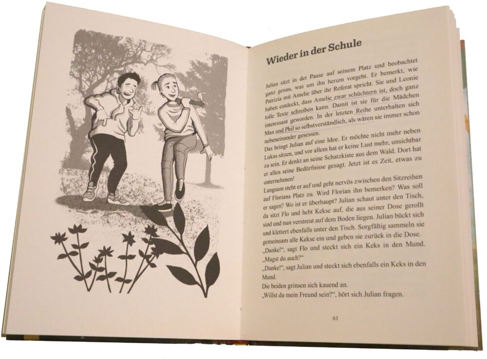 Doppelseite des Kinderbuchs "Ein Wald für die 4A"