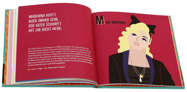 Eine der Doppelseiten, jene über Madonna, aus "Elvis, Kate & Ziggy" von Matthäus Bär und Jacqueline Kaulfersch