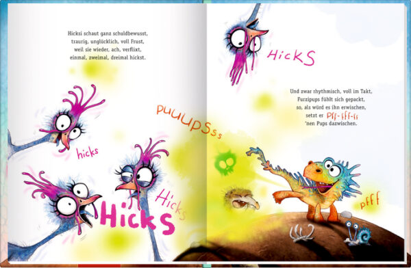 Doppelseite aus dem Bilderbuch "Furzipups und Hicksi Huhn"