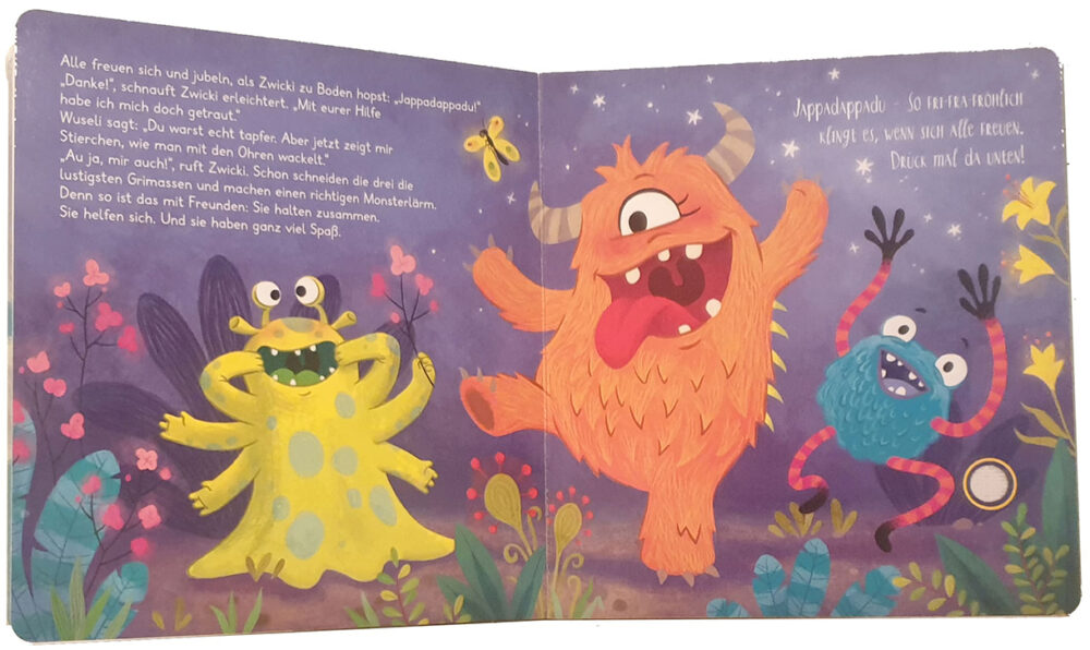 Doppelseite aus dem Papp-Bilderbuch mit Geräusch-Elementen "Grummeln, weinen, lachen - was kleine Monster so machen"