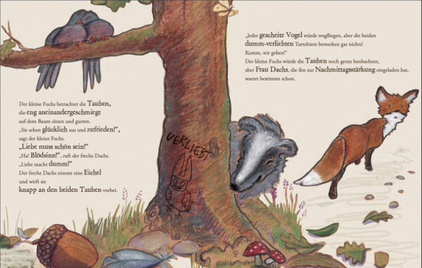 Doppelseite aus dem Bilderbuch "Wie der kleine Fuchs die Liebe entdeckt"