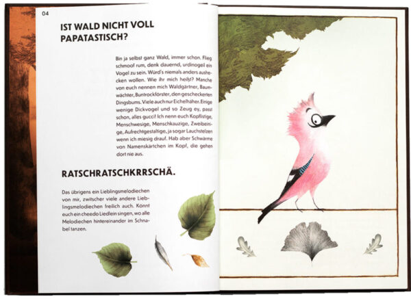 Doppelseite aus dem Bilderbuch "Piepmatz macht Wald aus euch!"
