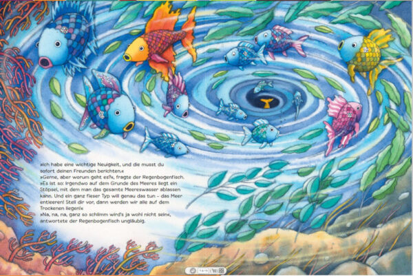 Doppelseite aus dem Bilderbuch "Der Regenbogenfisch glaubt nicht alles"