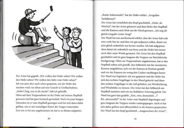 Doppelseite aus dem Jugendbuch "Selfie-Mania! Unglaubliche Geschichten von Tscho! Reloaded"