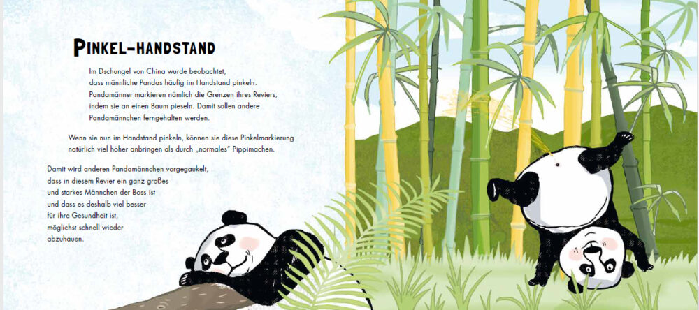 Warum Pandmännchen im handstand pinkeln - Doppelseite aus dem Bidlerbuch "Walgesang und Heringspups"