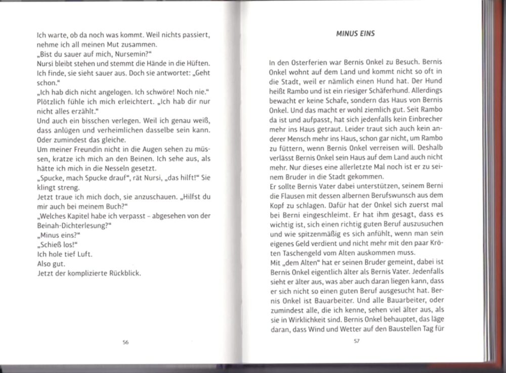 Doppelseite aus dem Buch "Ein Zimmer für mich allein" von Frauke Angel - mit Feinheiten wie mitten im Buch Kapitel "Minus Eins"