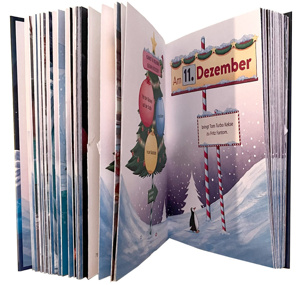 Aufgeklapptes Adventkalenderbuch mit aufzureißenden Seiten von Thomas Brezina
