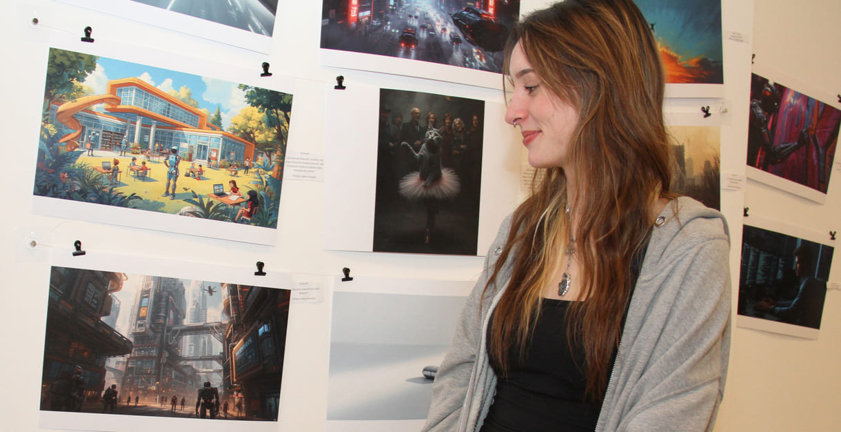 Ellen Wollmann vor einigen der Bilder, an deren Erstellung sie mitgewirkt hat