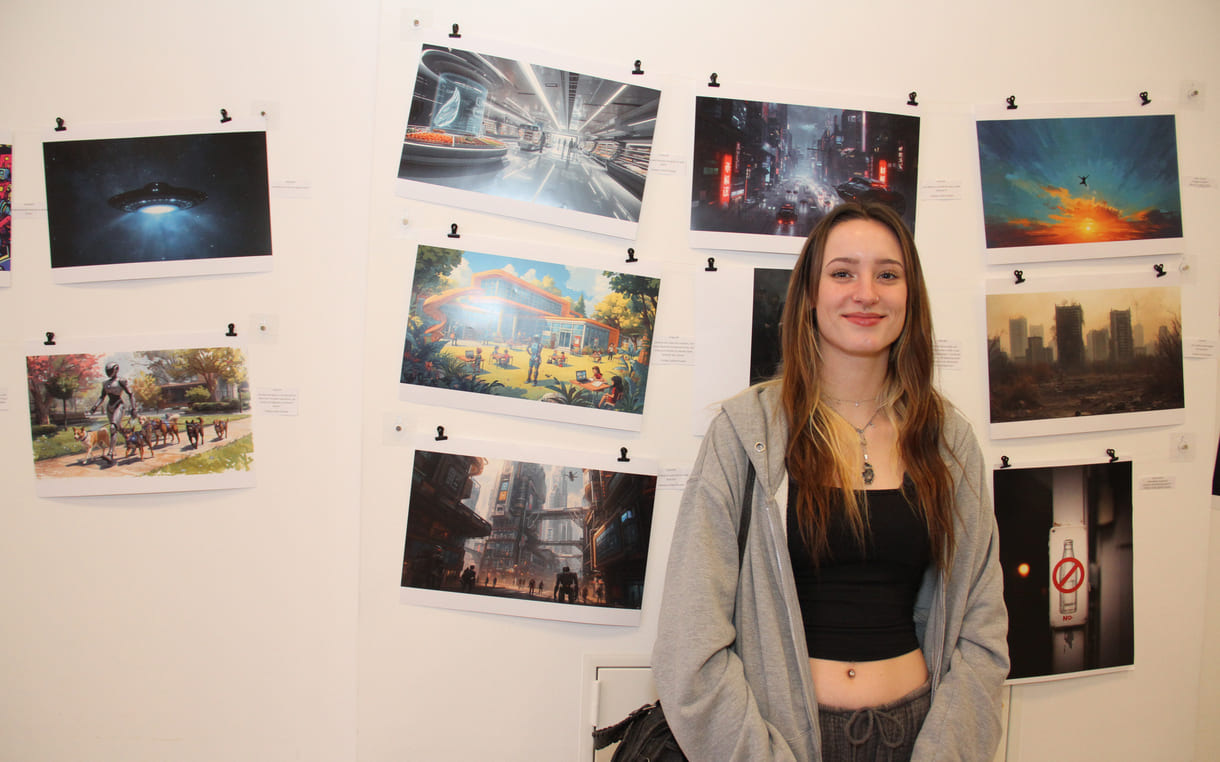 Ellen Wollmann vor einigen der Bilder, an deren Erstellung sie mitgewirkt hat