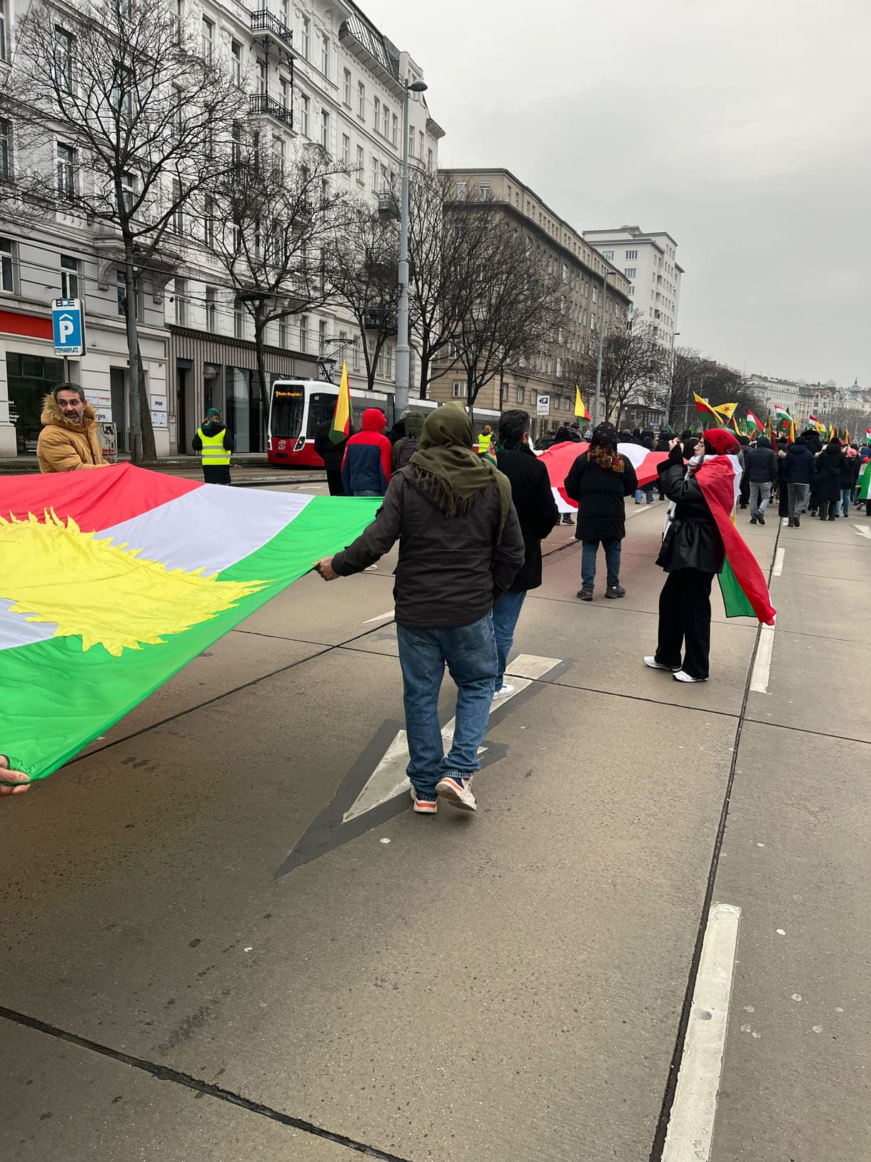 Große kurdische und österreichische Fahnen