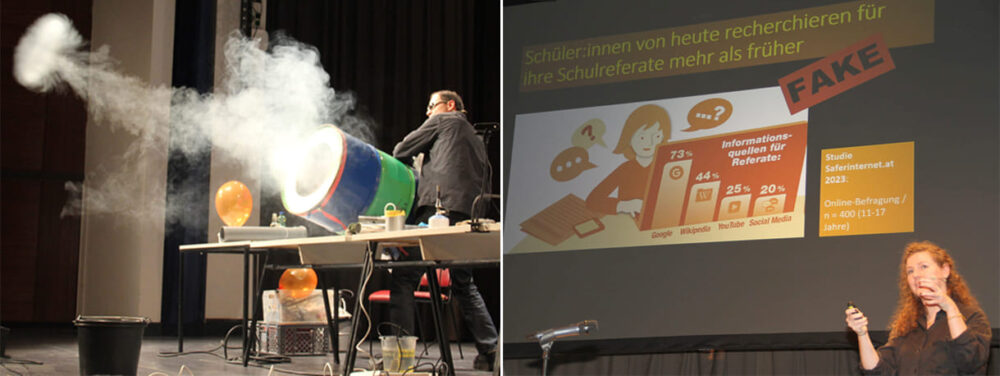 Bild-Montage aus einem Foto eines physikalsichen Experiments (Rauchringe) sowie einem der Beispiele aus dem Fake or Real-Quiz bei der Bühnen-Show der Fake Hunter in der VHS Floridsdorf (Angerer Straße)