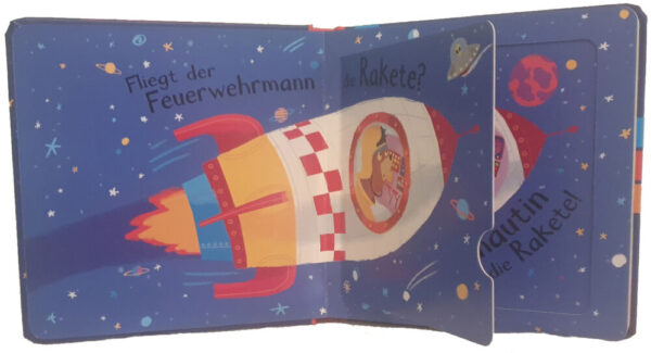 Foto der ersten Doppelseite des Papp-Klapp-Bilderbuchs "Weißt du, wer die Rakete fliegt?"