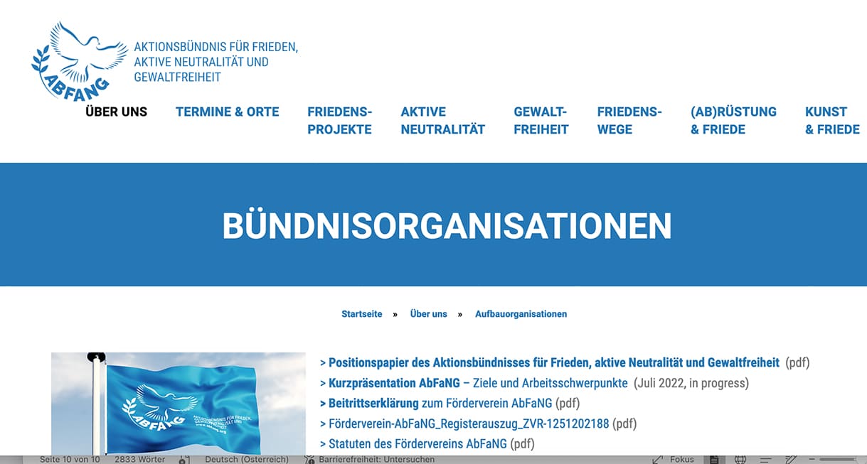 Homepage des Aktionsbündnisses für Frieden, aktive Neutralität und Gewaltfreiheit