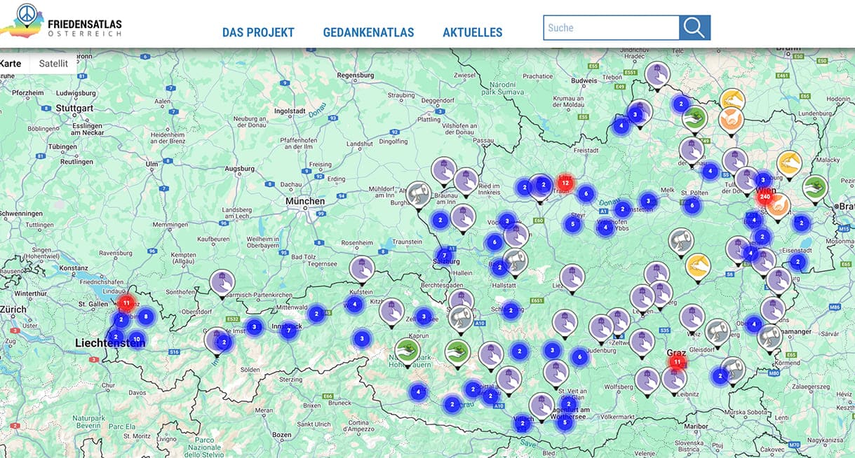 Freidensatlas - Landkarte mit Markierungen für Initiativen in Sachen Frieden in vielfältiger Form