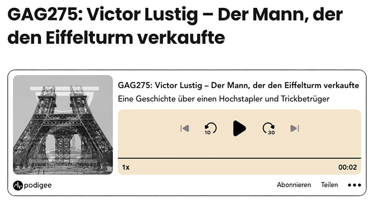 GAG - Geschichten aus der Geschichte, Folge 275 über Victor Lustig mit dem Ausschnitt eines Bildes vom Pariser Eiffelturm