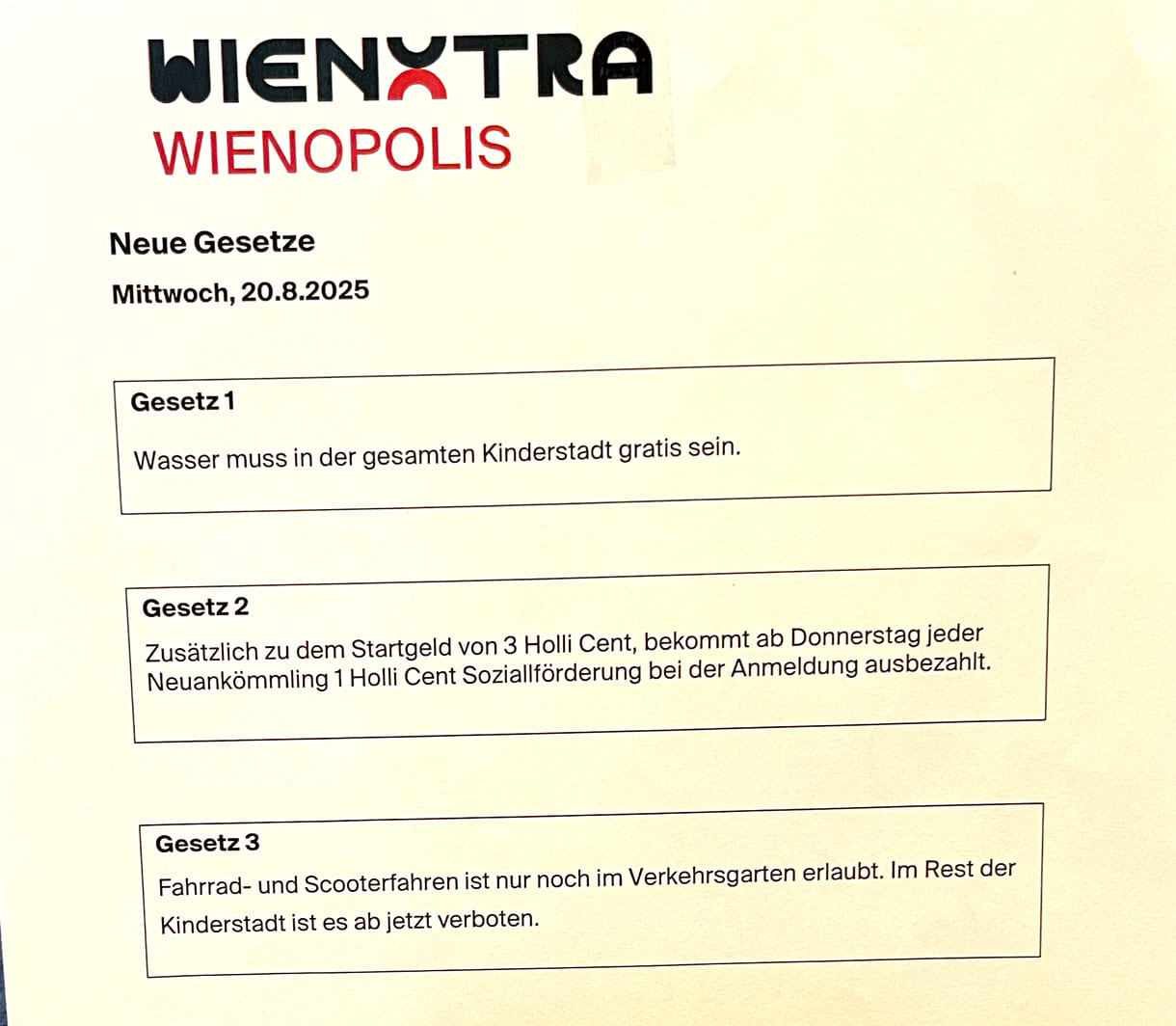 Einige Gesetze und Verordnungen der Kinderstadt 2025 im Wiener Rathaus