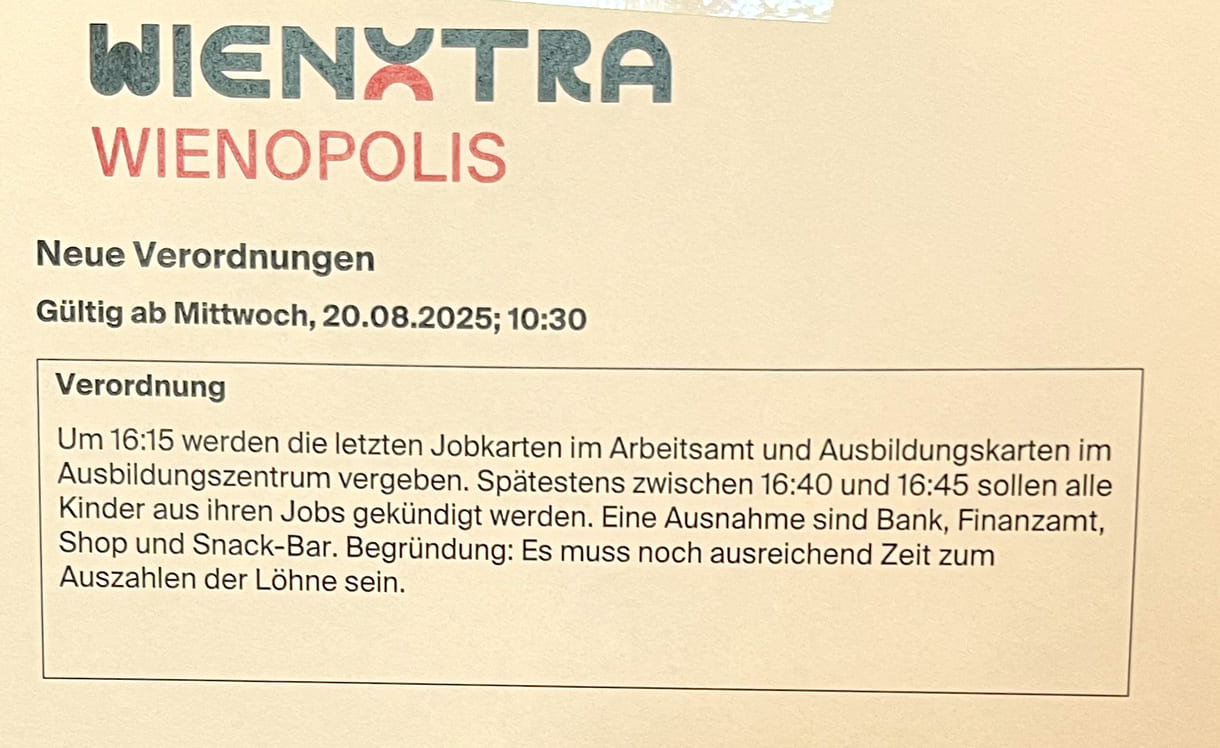 Einige Gesetze und Verordnungen der Kinderstadt 2025 im Wiener Rathaus