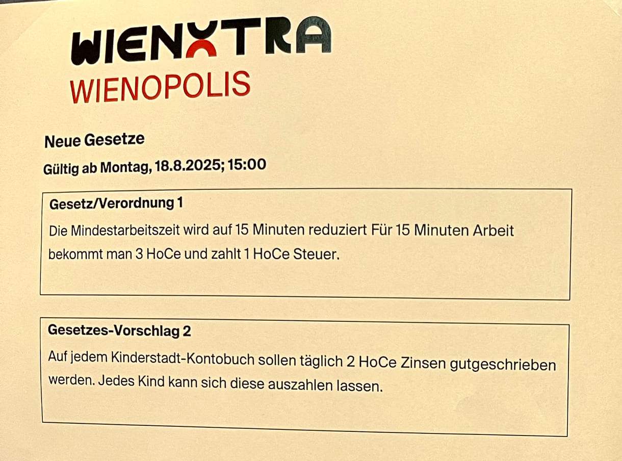 Einige Gesetze und Verordnungen der Kinderstadt 2025 im Wiener Rathaus