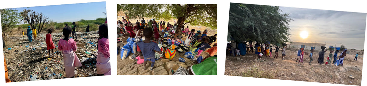 Montage von Fotos aus dem Senegal - Kinder, die im Müll nach Verwertbarem suchen, Spenden aus Österreich, die am Ende von Frauen auf ihren Köpfen nach Hause getragen werden