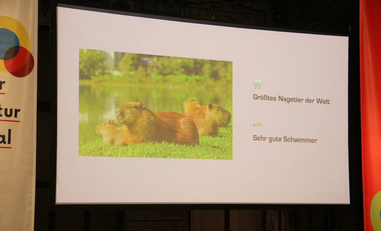 Vor der Lesung präsentierte der Autor noch einige Fakten zu den - echten - Wasserschweinen