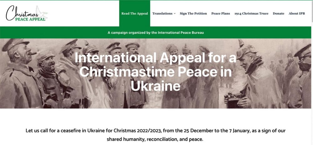 Screenshot der Website mit dem internationalen Appell für einen Weihnachts-Waffenstillstand in der Ukraine