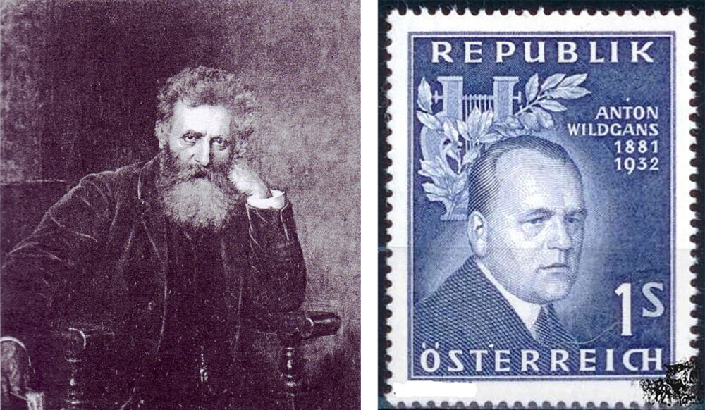 Ein Portrait von Wilhelm Jerusalem und eine Briefmarke mit dem Portrait von Anton Wildgans