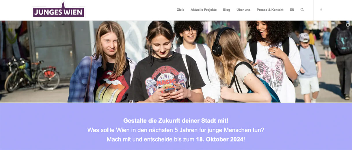 Screenshot der Startseite von Junges Wien zur Umfrage zur neuen Kinder- und Jugendstrategie