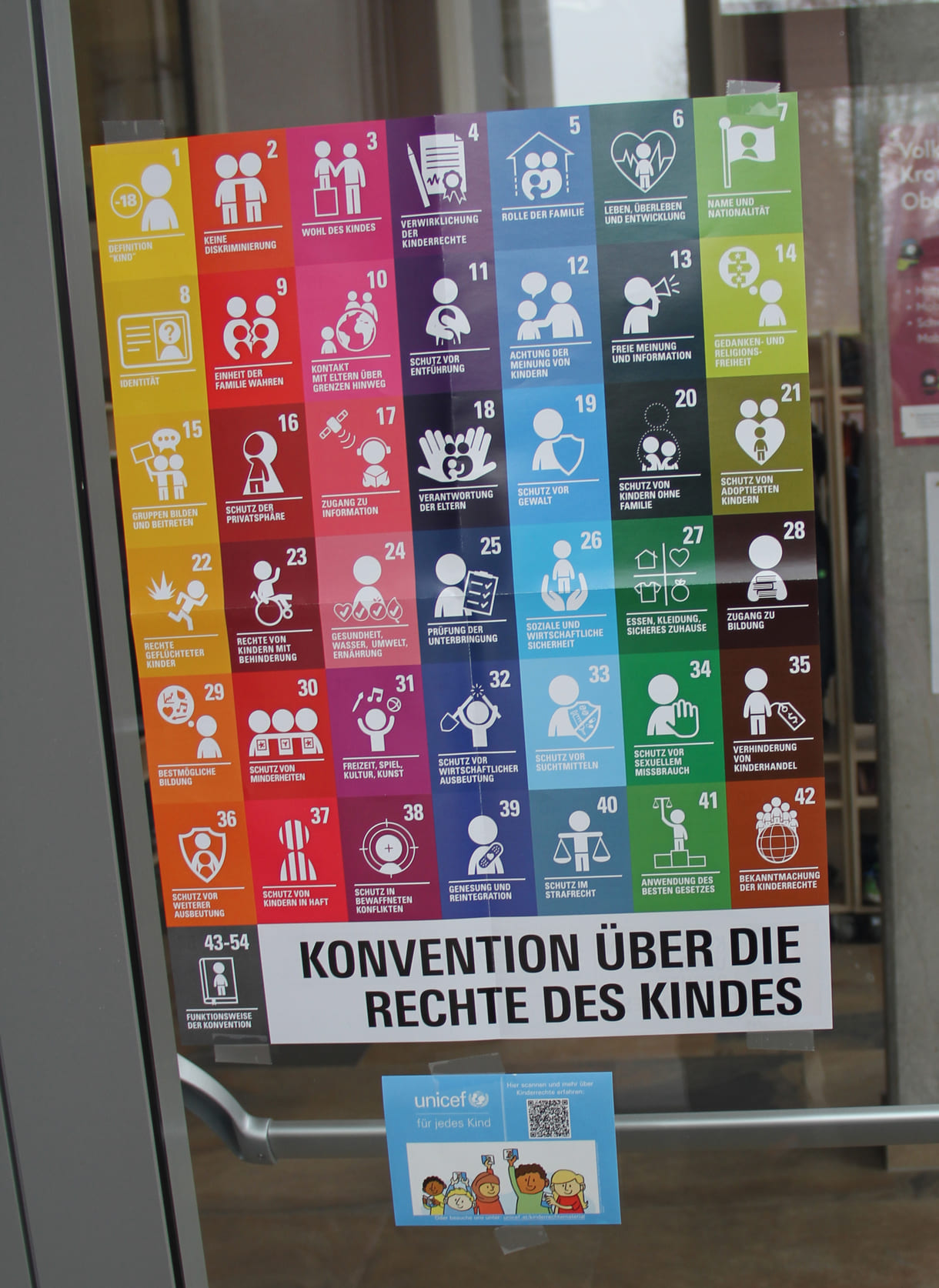 Plakat mit den Kinderrechten gleich bei der Eingangstür der Schule