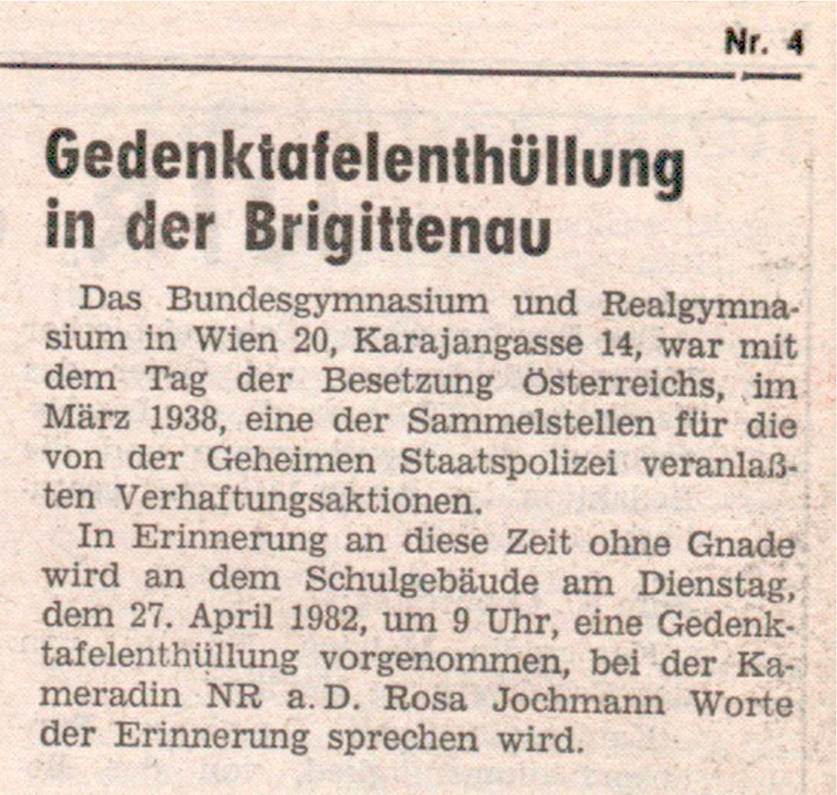 Zeitungsmeldung mit der Ankündigung der Gedenktafelenthüllung 1982