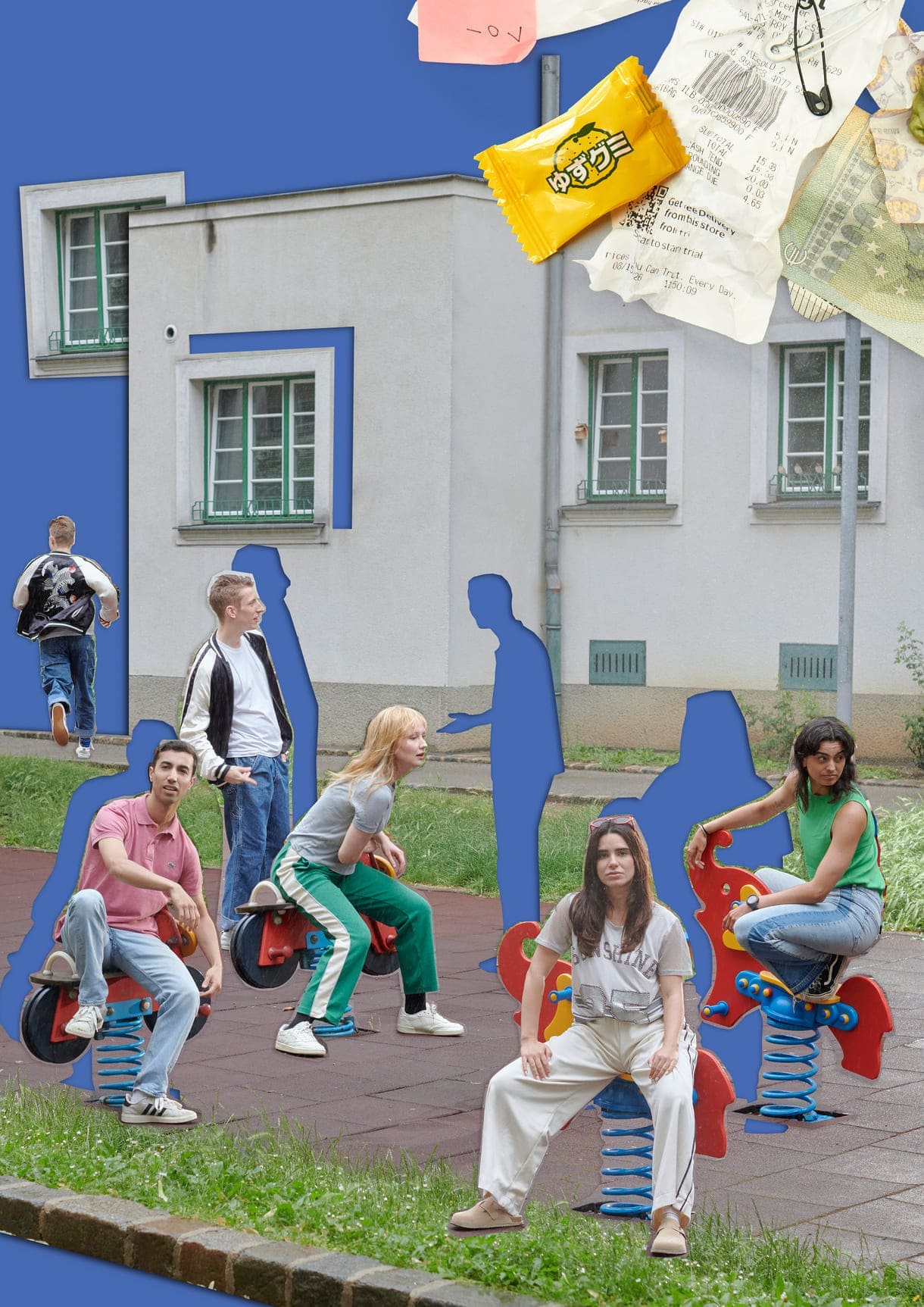 Ankündigungs-Bild (grafisch bearbeitetes Foto) für "Komm runter!": Mirkan Öncel, Fridolin Blasl, Tara Ewers, Violeta Maleo und Melanie Sidhu