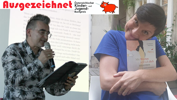 Michael Stavarič stellt sein Krakenbuch im Haus des Meeres vor (links), Lena Raubaum präsentierte ihren Gedichtband im Hof der Tyrolia-Buchhandlung (Wien)