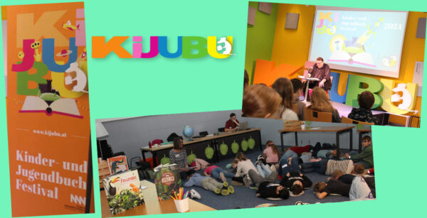 Bildmontage aus Fotos einer lesung von Christoph Mauz, einem Regenwald-Workshop sowie einem Banner und dem Logo vonKiJuBu, dem Kinder- und Jugendbuch-Festival in St. Pölten